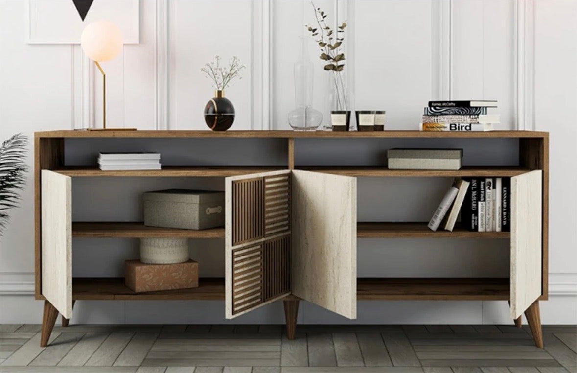 Buffet 4 Portes Milan – Imitation Noyer & Beige – HANAH HOME