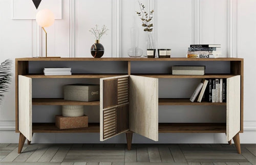 Buffet 4 Portes Milan – Imitation Noyer & Beige – HANAH HOME