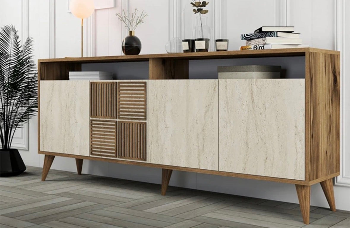 Buffet 4 Portes Milan – Imitation Noyer & Beige – HANAH HOME