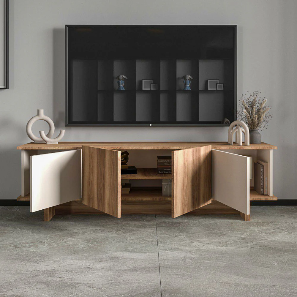 Meuble TV Diana – Travertin & Noyer