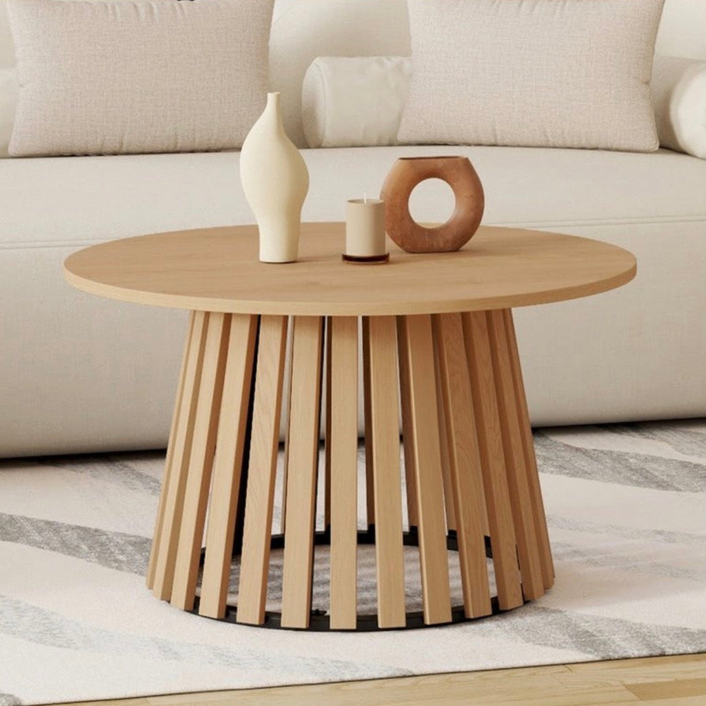 Table basse ronde Camélia – Imitation bois & Pieds métal