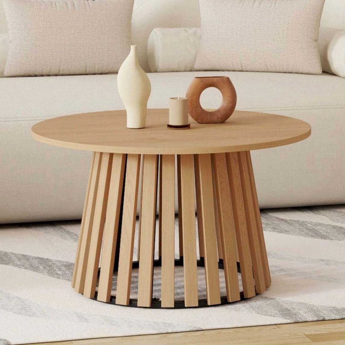 Table basse ronde Camélia – Imitation bois & Pieds métal