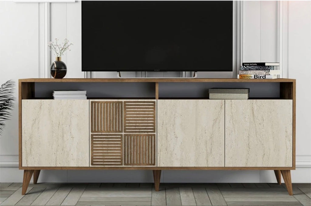 Buffet 4 Portes Milan – Imitation Noyer & Beige