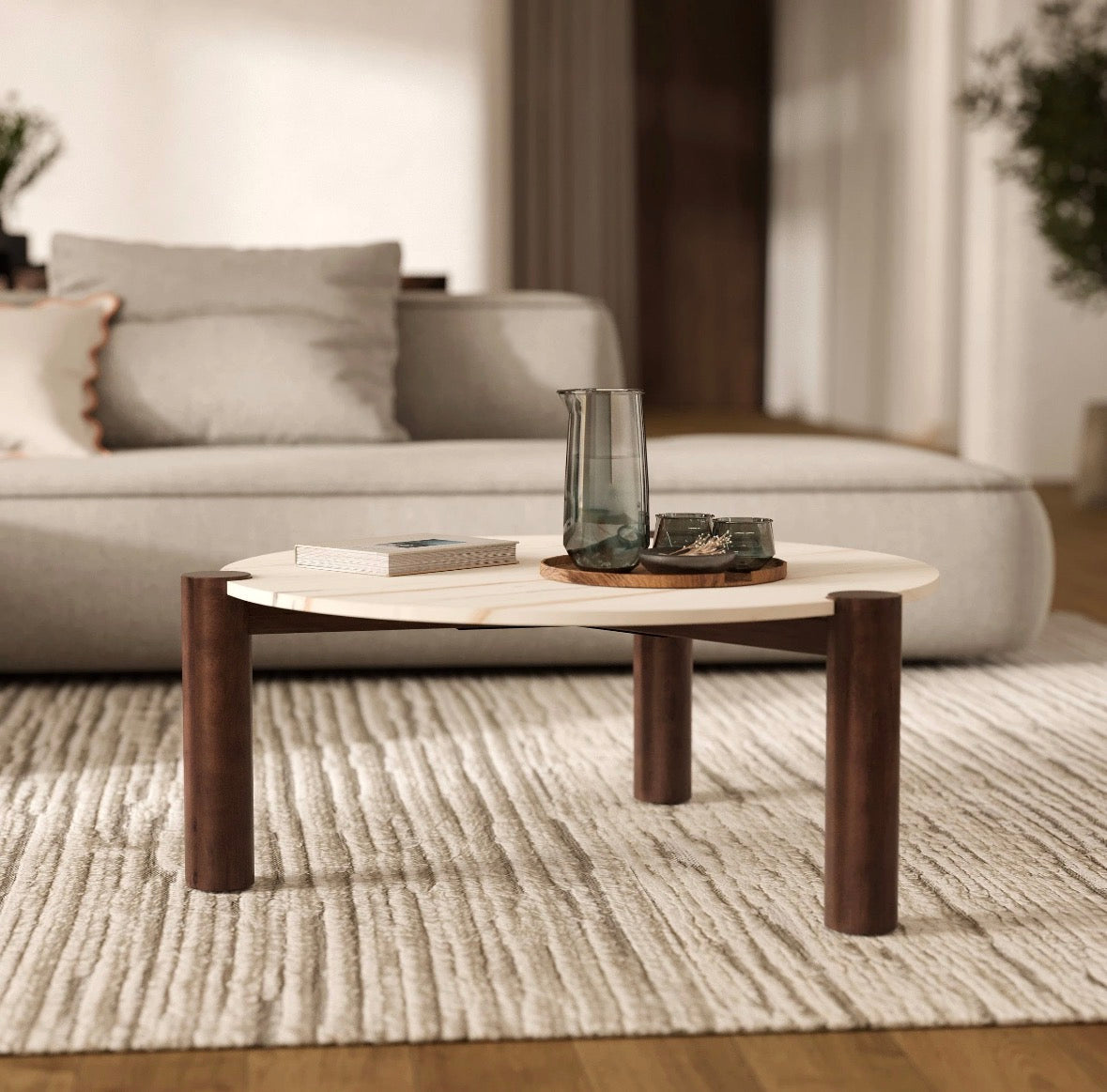 Table Basse Ronde Pauline, Marbre & Bois de Manguier