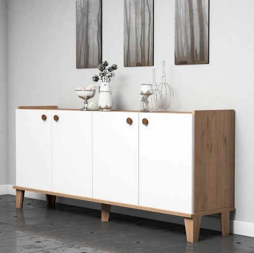 Bahut 4 Portes – Blanc & Noyer – HANAH HOME